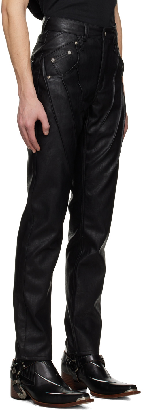 Black Faux Leather Dart Pocket Straight Leg Pants