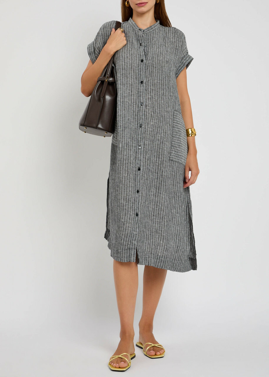 Eileen Fisher Striped Linen Midi Shirt Dress Black And White