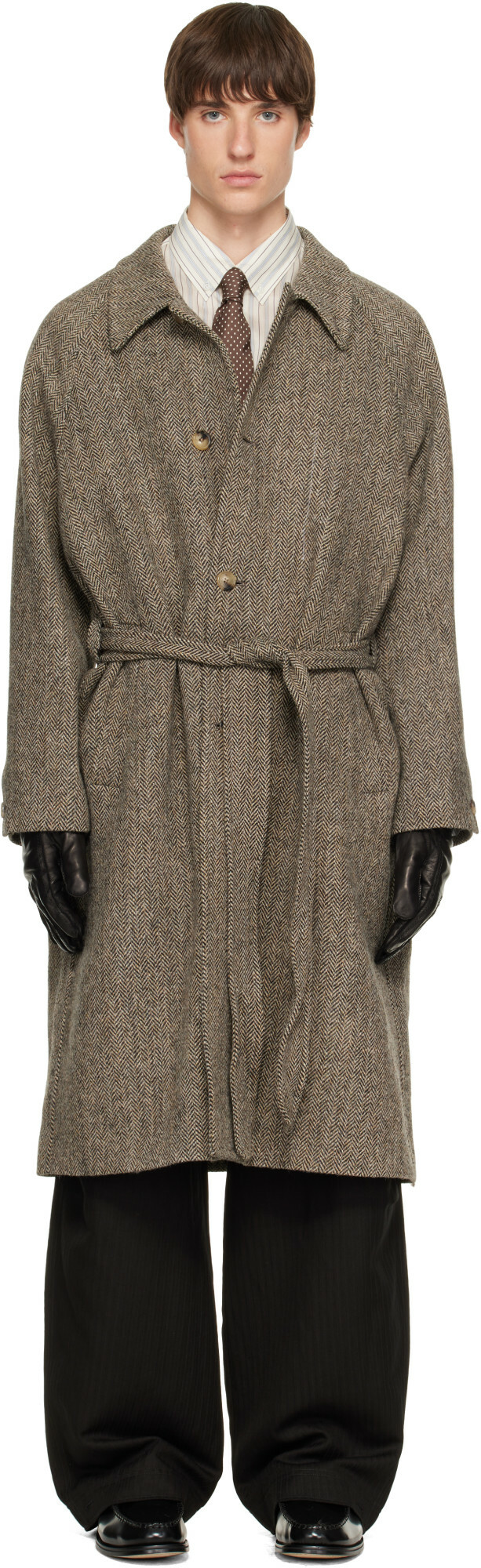 Paul Smith Brown Harris Tweed Herringbone Belted Coat