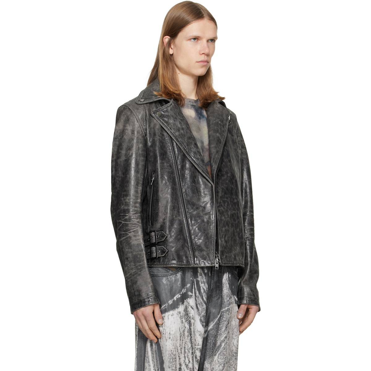 Diesel Gray Treated Leather Biker Jacket