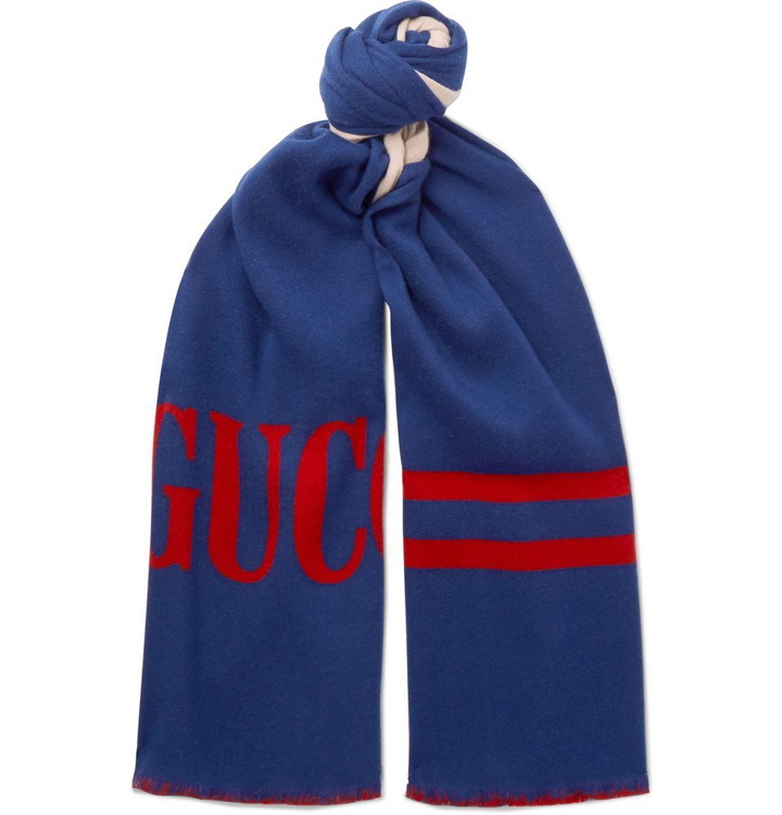 Photo: Gucci - Logo-Intarsia Wool and Silk-Blend Scarf - Men - Blue