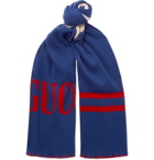 Gucci - Logo-Intarsia Wool and Silk-Blend Scarf - Men - Blue