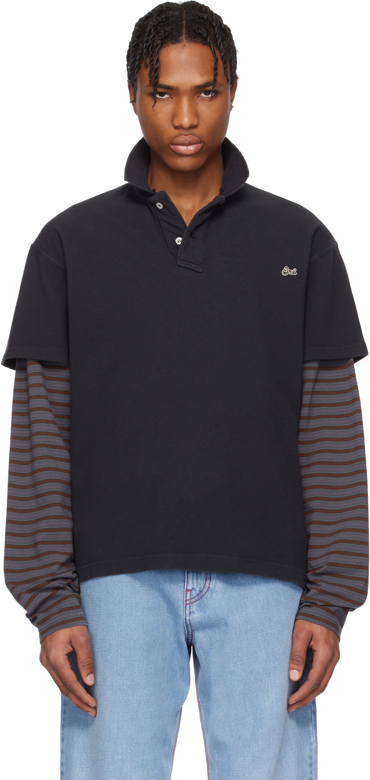 トップス 25ss ERL DOUBLE SLEEVE POLO T-SHIRT ERL Double Sleeve Polo T-Shirt | Black | SVD USA