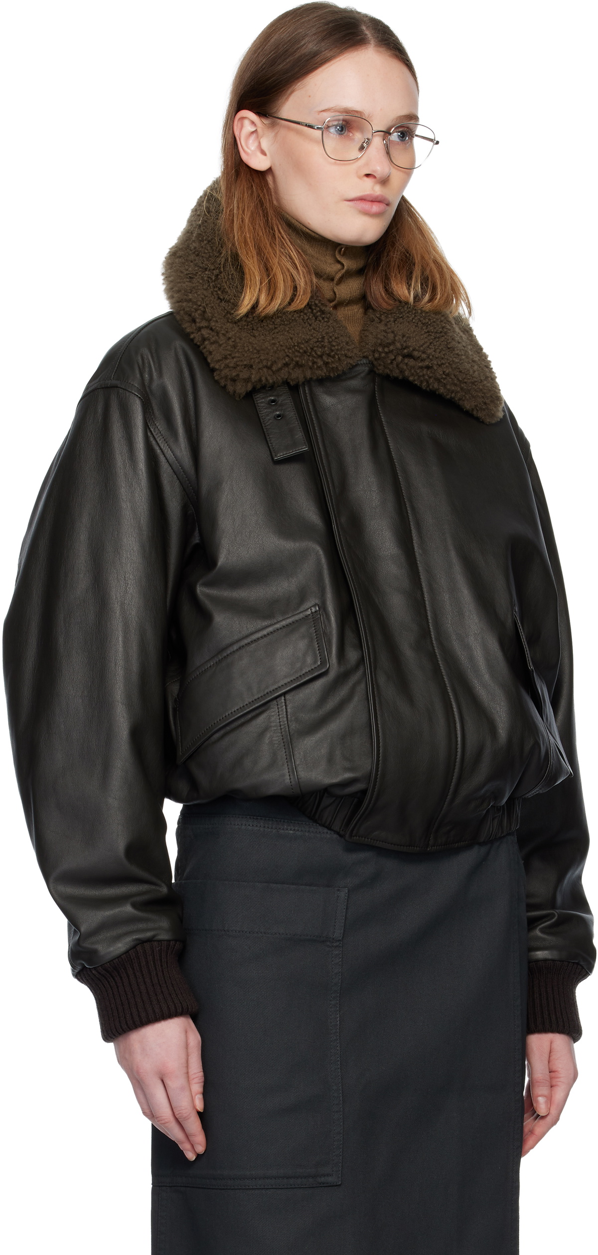 LEMAIRE Brown Shearling Collar Blouson Leather Jacket