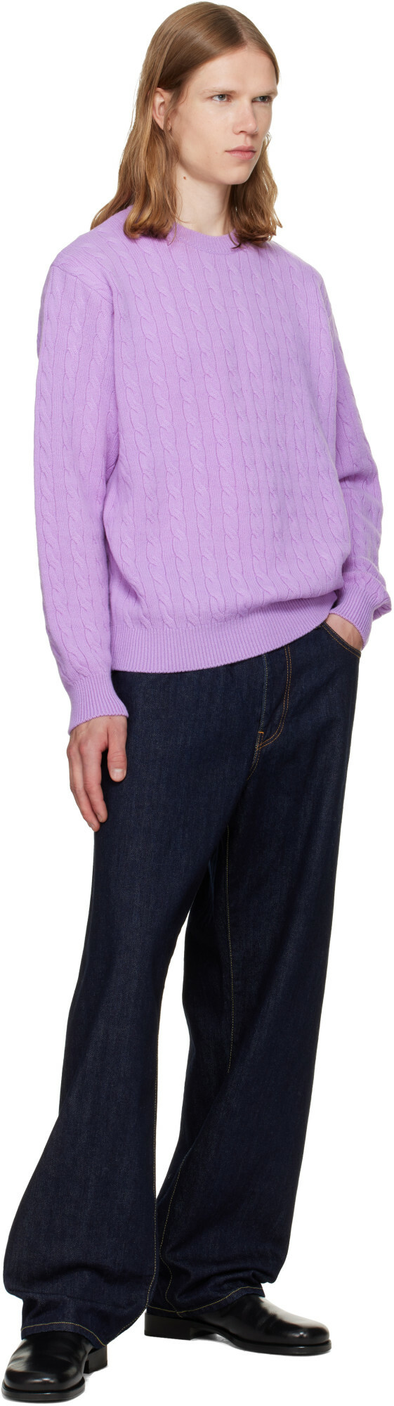 vowels Purple Cable Knit Crewneck Sweater