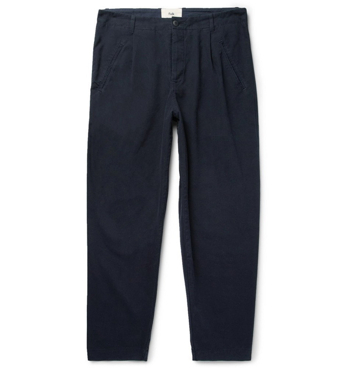 Photo: Folk - Navy Assembly Tapered Pleated Cotton-Canvas Trousers - Men - Navy