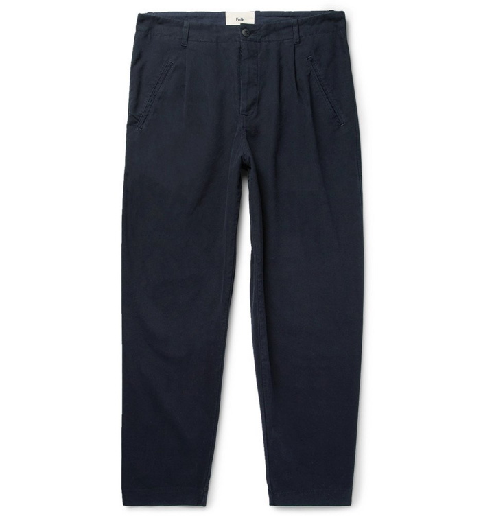 Photo: Folk - Navy Assembly Tapered Pleated Cotton-Canvas Trousers - Men - Navy