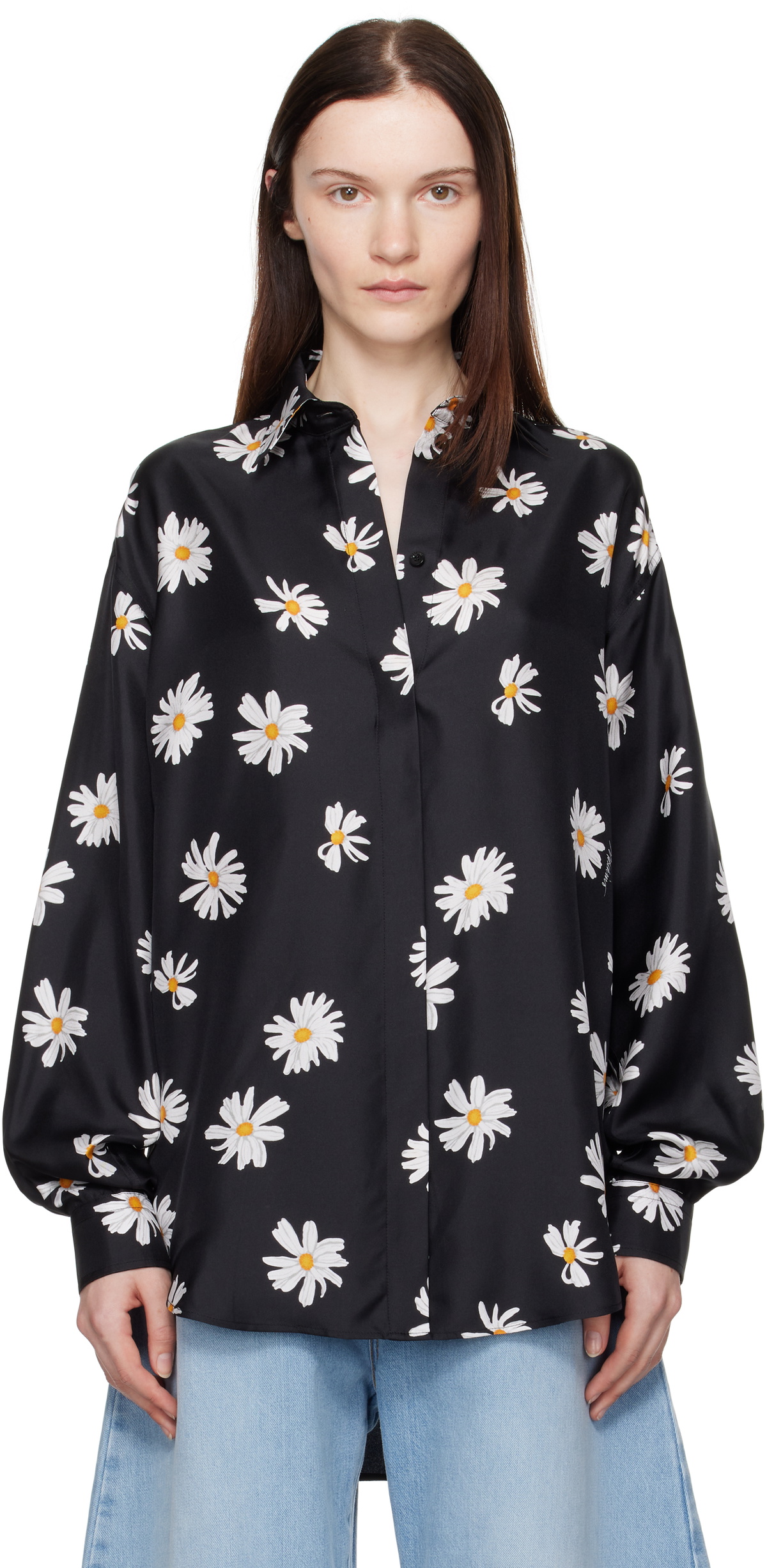 Moschino Black Silk Twill Allover Daisy Shirt Moschino