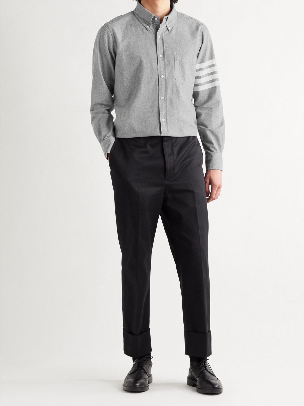 Thom Browne - Button-Down Collar Striped Cotton-Chambray Shirt - Gray