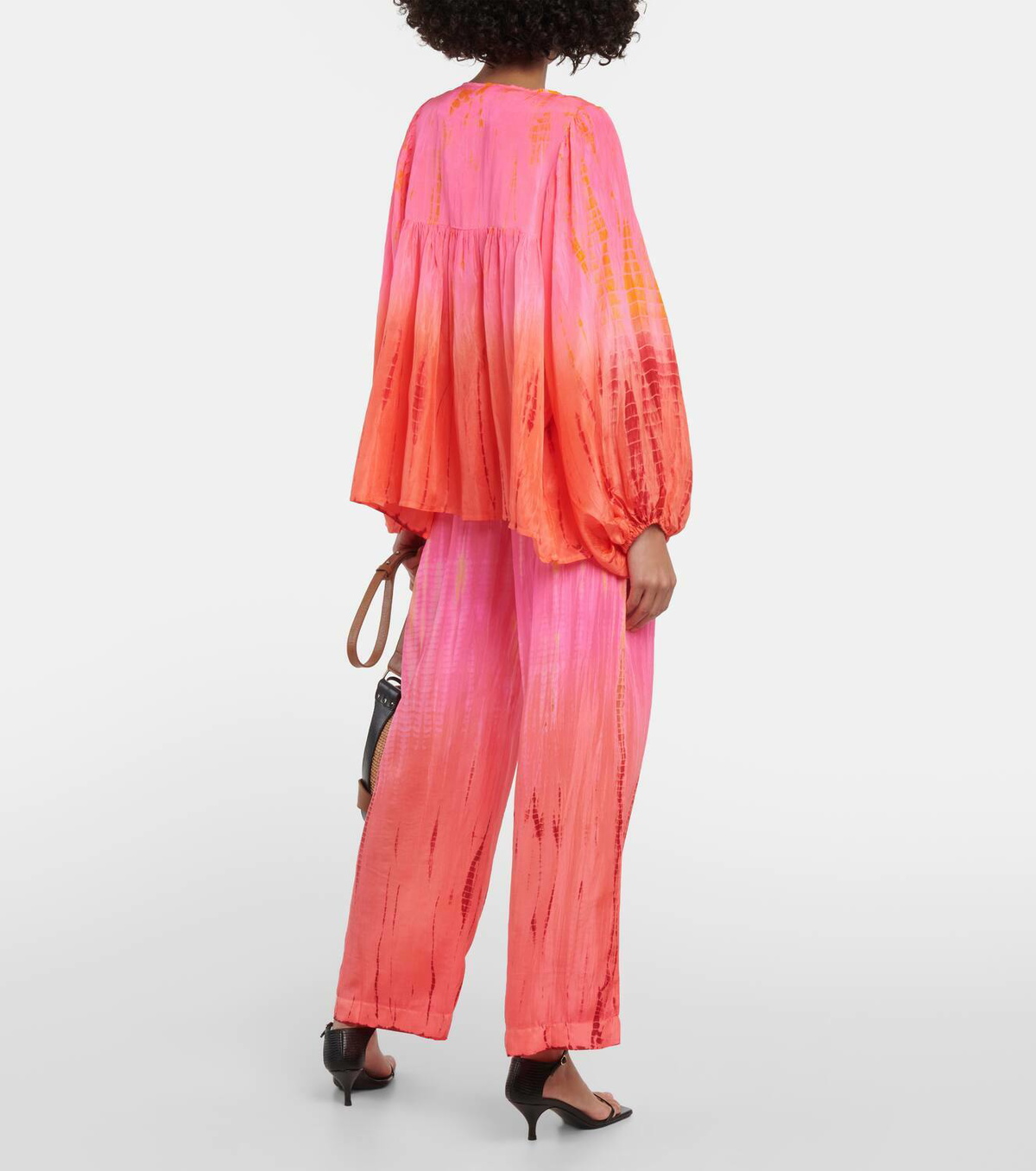 Anna Kosturova Balloon-sleeve tie-dyed pompom silk top