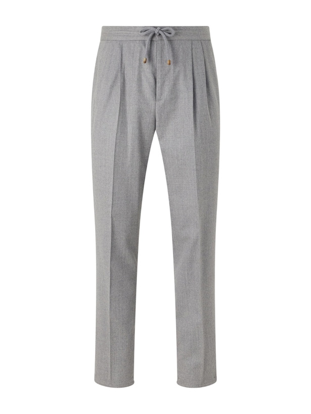 Photo: Brunello Cucinelli - Tapered Pleated Virgin Wool-Flannel Drawstring Trousers - Gray