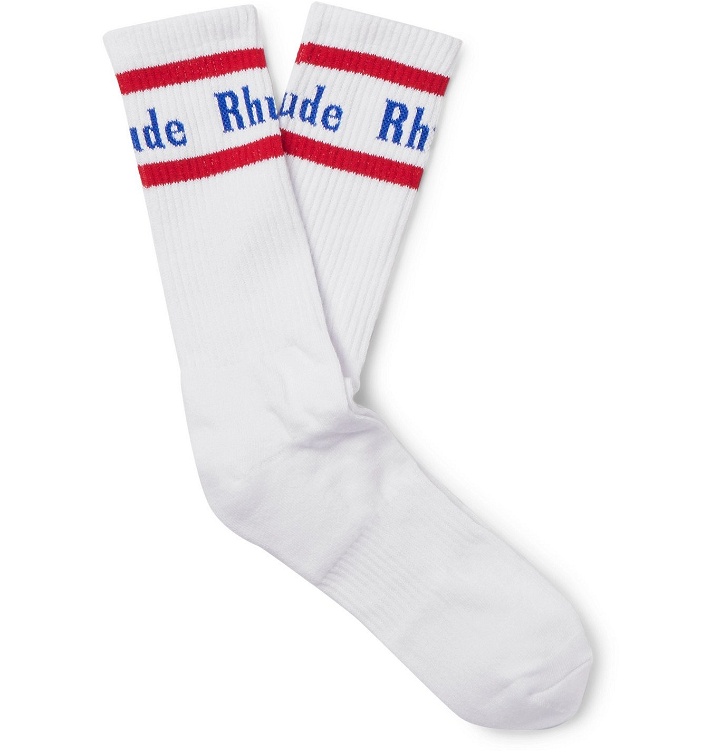 Photo: Rhude - Logo-Intarsia Cotton-Blend Socks - White
