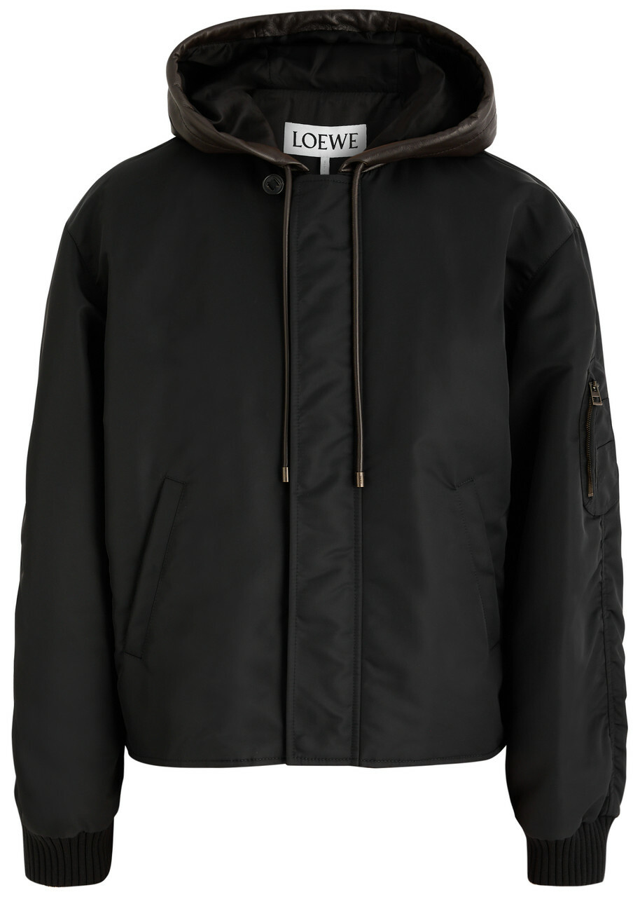 Loewe Hooded Leather and Nylon Bomber Jacket Black
