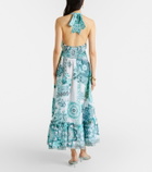 Camilla Embellished ruffled halterneck linen midi dress