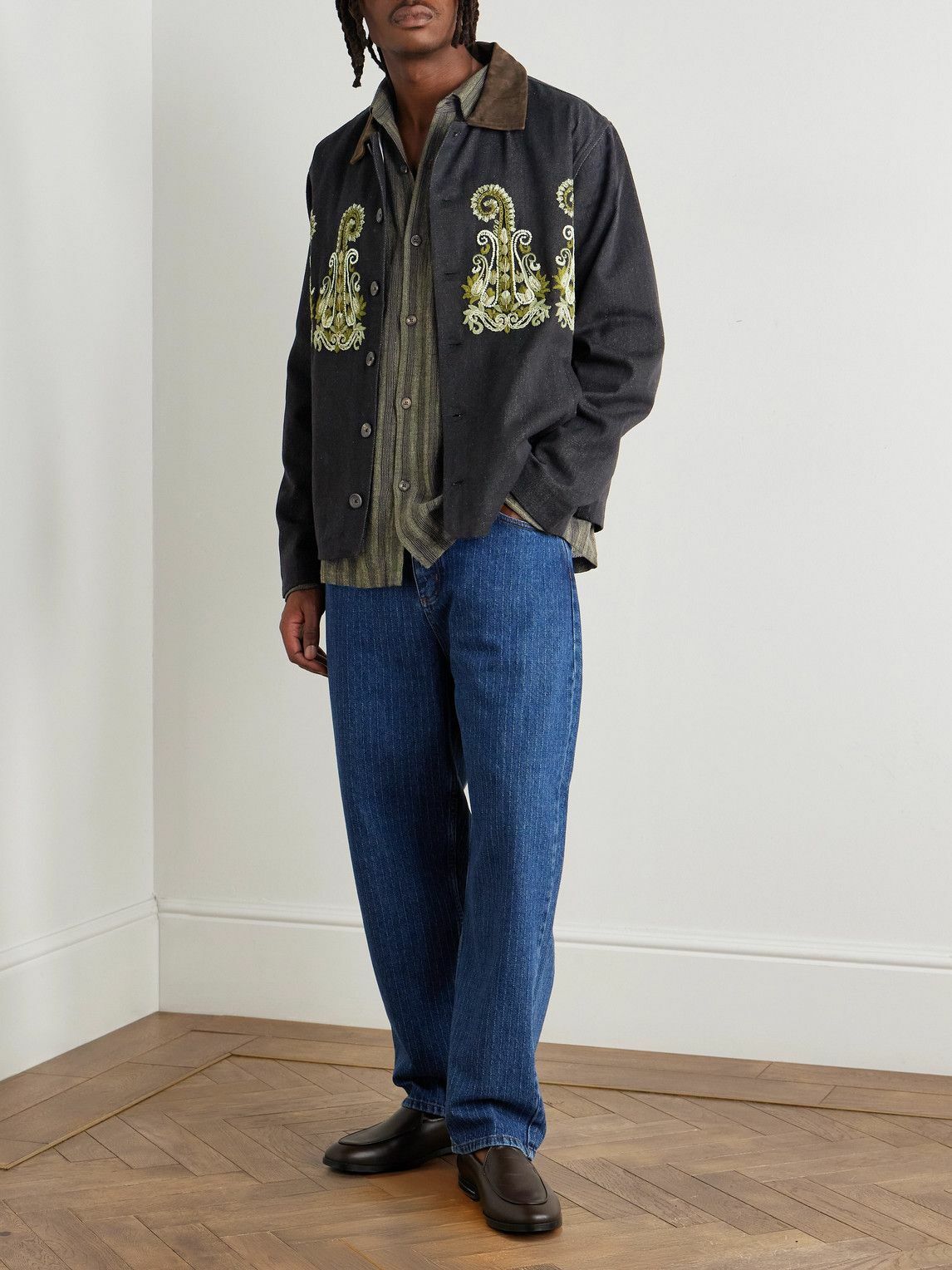 Kartik Research - Embroidered Bead-Embellished Suede-Trimmed Denim Jacket - Black