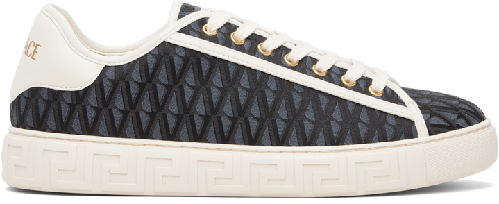 Photo: Versace Navy & Black Greca Jacquard Canvas Sneakers