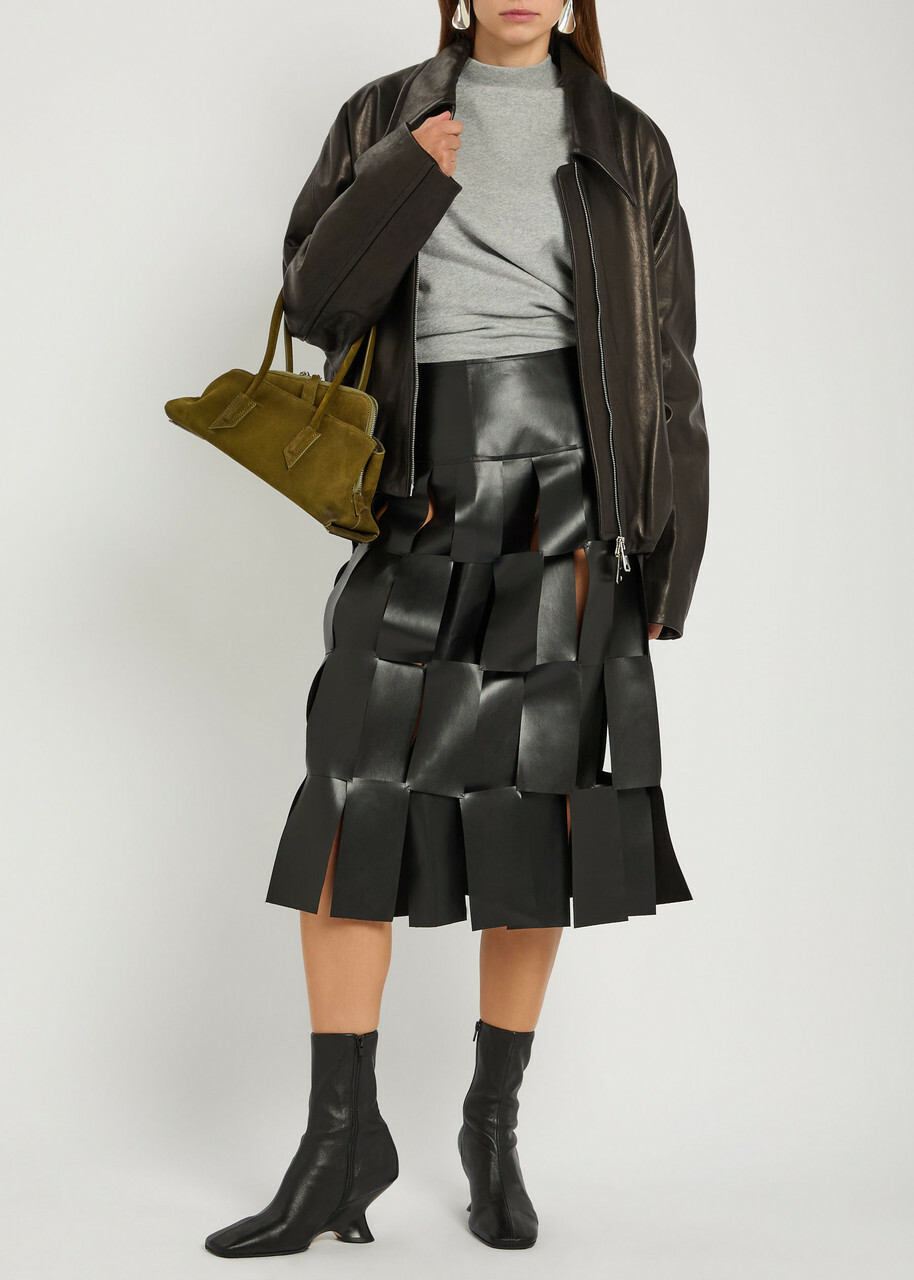 A.W.A.K.E Mode Laser-cut Faux Leather Midi Skirt Black