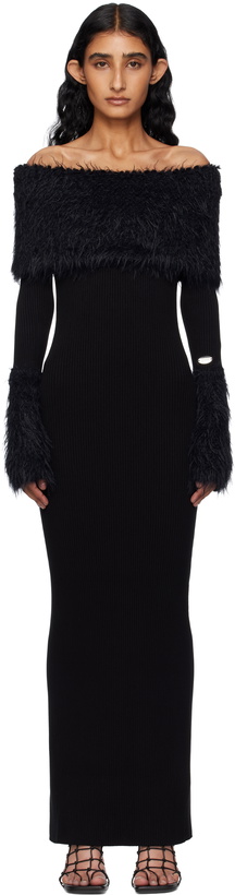 Photo: Jean Paul Gaultier Black Viscose Ribbed & Hairy Maxi Dress