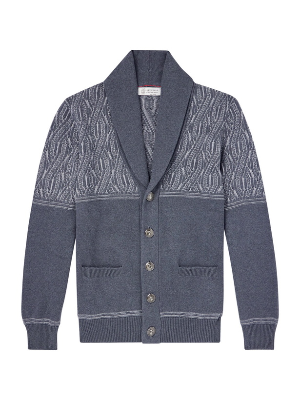 Photo: Brunello Cucinelli - Shawl-Collar Knitted Cotton Cardigan - Gray