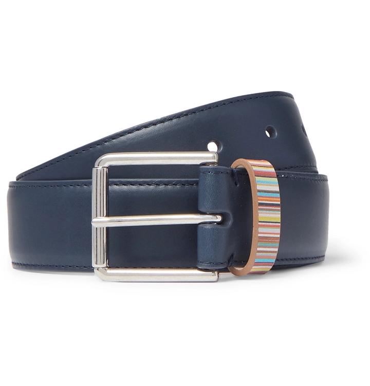 Photo: Paul Smith - 3cm Navy Stripe-Trimmed Leather Belt - Blue