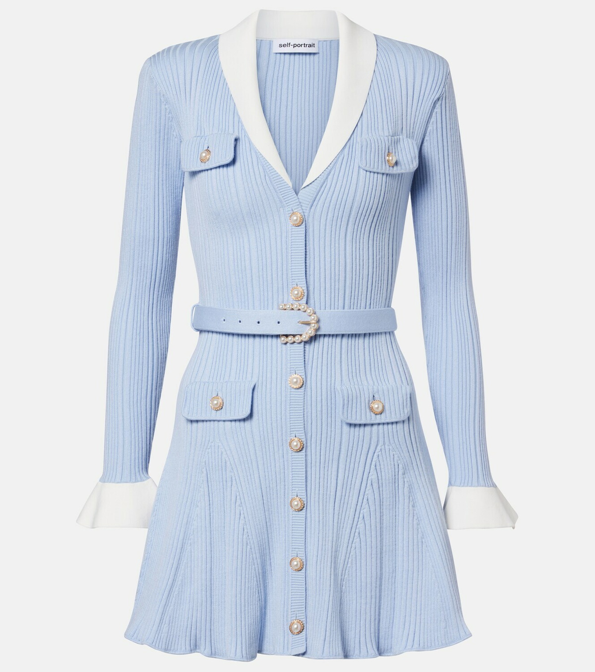 Self-Portrait Belted ribbed-knit minidress