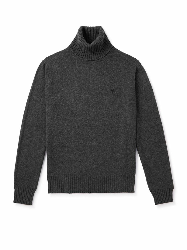 Photo: AMI PARIS - Logo-Embroidered Cashmere and Wool-Blend Rollneck Sweater - Gray