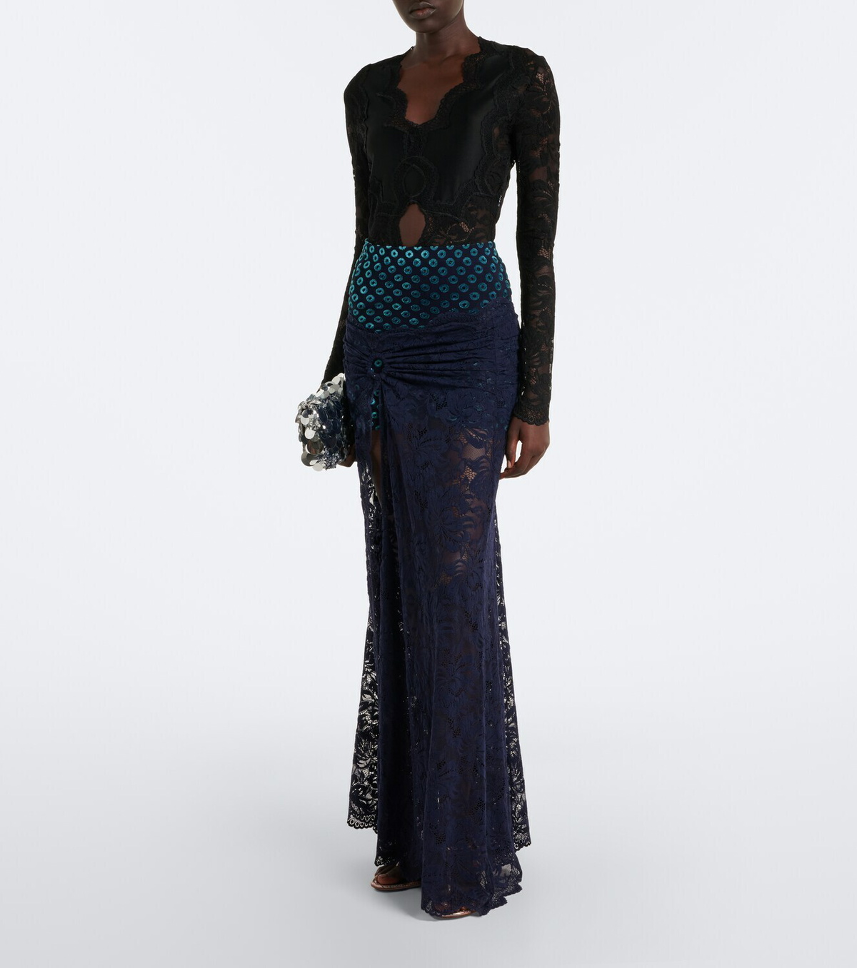 Rabanne Gathered lace and velvet maxi skirt