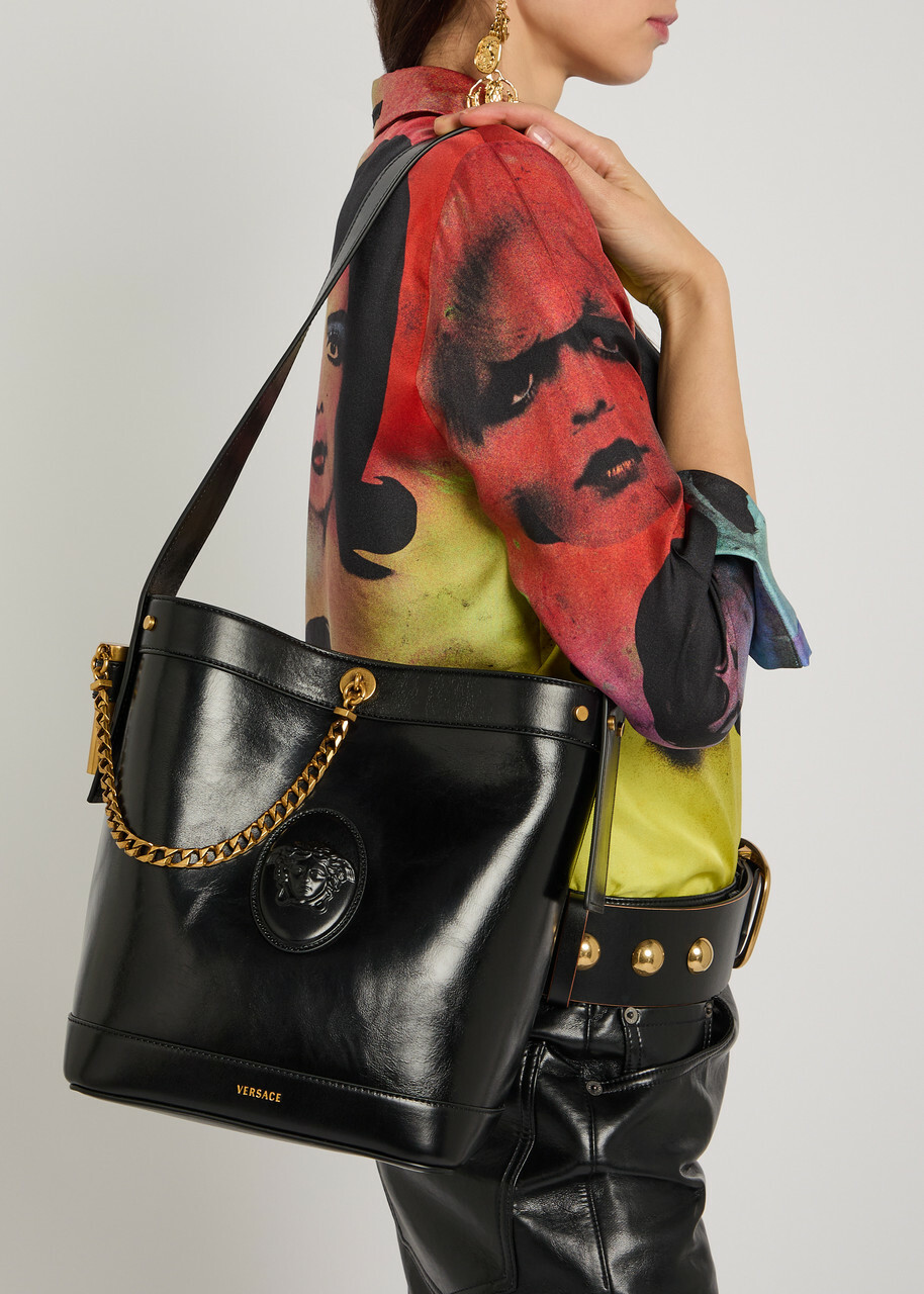 Versace Chain Small Leather Bucket bag - Black - One Size