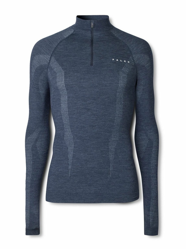 Photo: Falke - Printed Virgin Wool-Blend Half-Zip Ski Base Layer - Blue