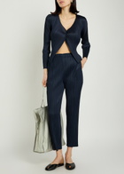 Pleats Please Issey Miyake Pleated Woven Cardigan Navy