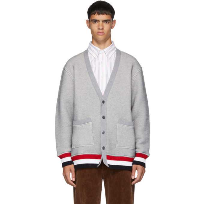 Photo: Thom Browne Grey Chunky Loopback Oversized V-Neck Cardigan