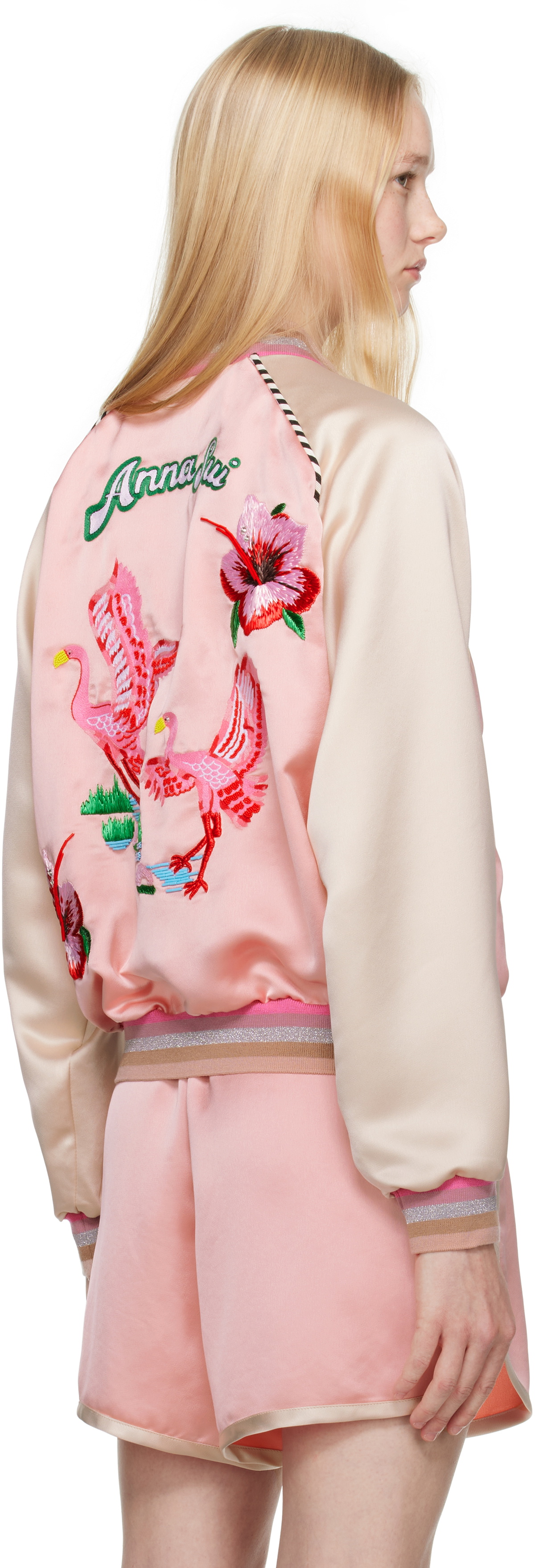 Anna Sui Pink Satin Embroidered Souvenir Bomber Jacket