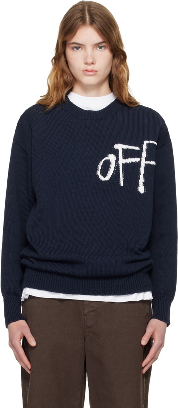 Photo: Off-White Navy Bookish Shared Cotton Knit Crewneck Sweater