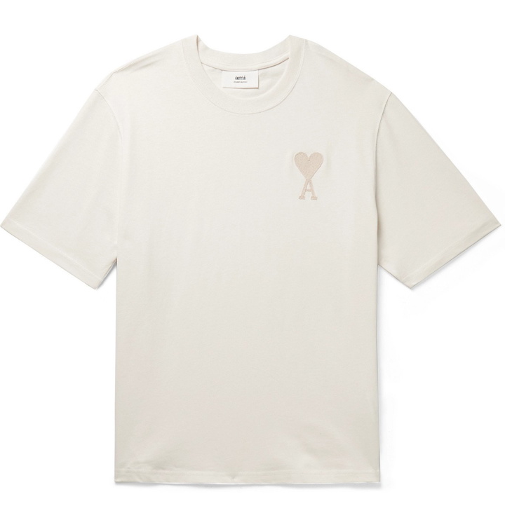 Photo: AMI PARIS - Logo-Embroidered Cotton-Jersey T-Shirt - Neutrals