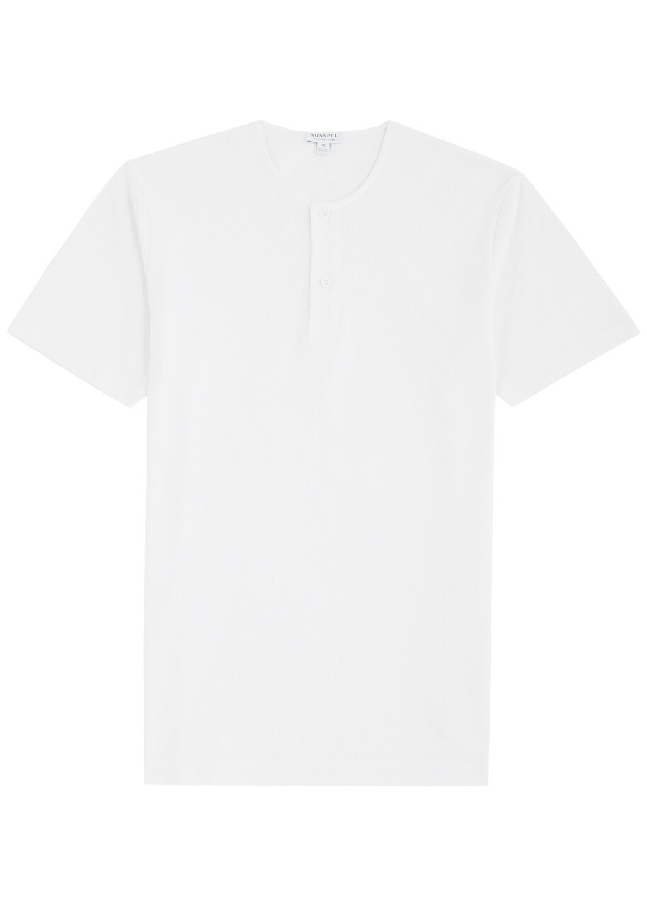 Sunspel Riviera Cotton mesh Henley T shirt White