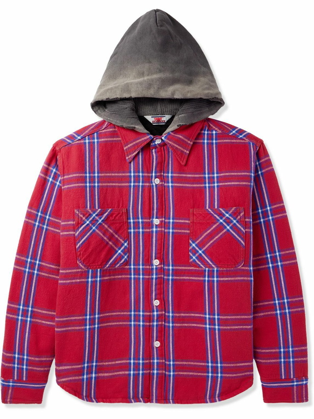 Photo: SAINT Mxxxxxx - Jersey-Trimmed Padded Checked Cotton-Flannel Hooded Overshirt - Red