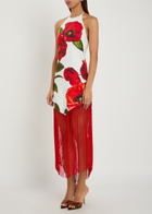 Alice + Olivia Mallory Floral-print Fringed Linen-blend Midi Dress Red And White