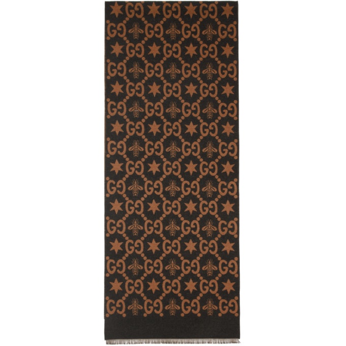 Photo: Gucci Brown and Grey Jacquard Bees and Stars GG Scarf