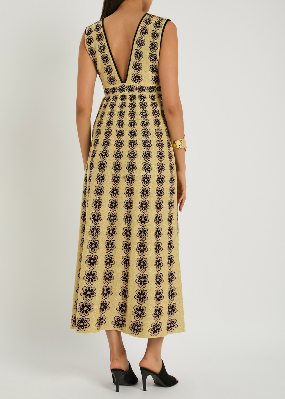 LA Double J Caper Floral-intarsia Knit Midi Dress Multicoloured