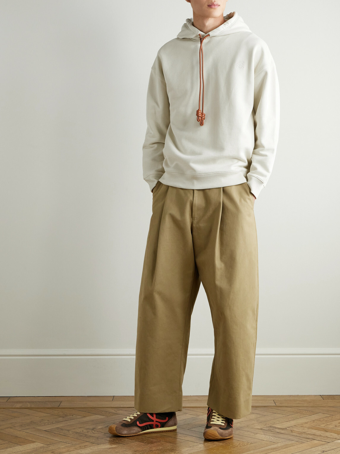 LOEWE - Logo-Embroidered Leather-Trimmed Cotton-Jersey Hoodie - Neutrals