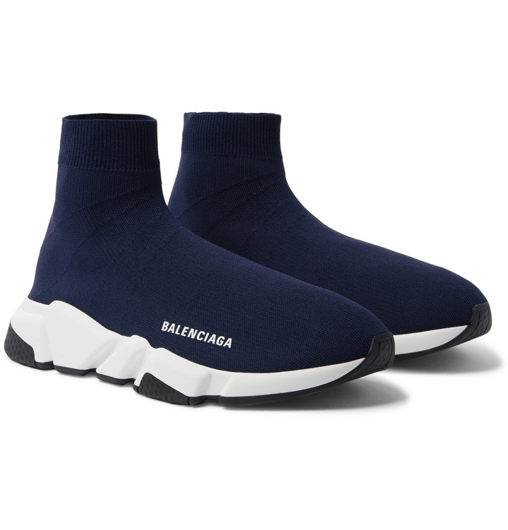 Photo: Balenciaga - Speed Sock Stretch-Knit Slip-On Sneakers - Blue