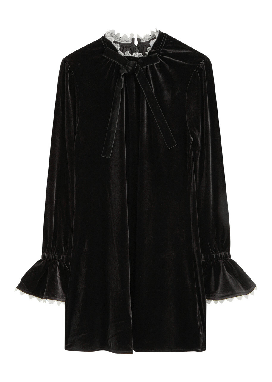 Ganni Lace-trimmed Velvet Mini Dress Black GANNI
