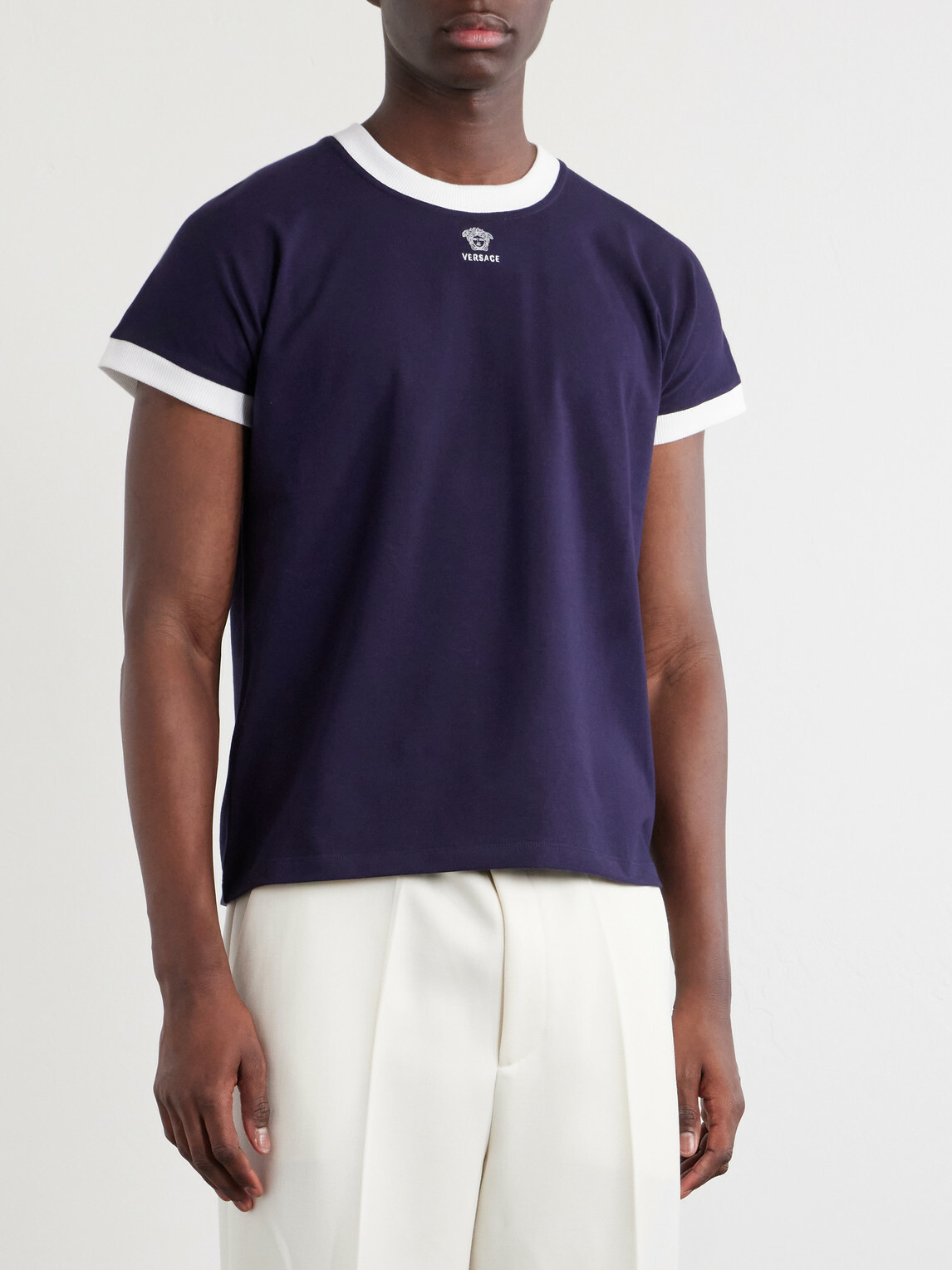 Versace - Medusa-Embroidered Cotton-Blend Jersey T-Shirt - Blue