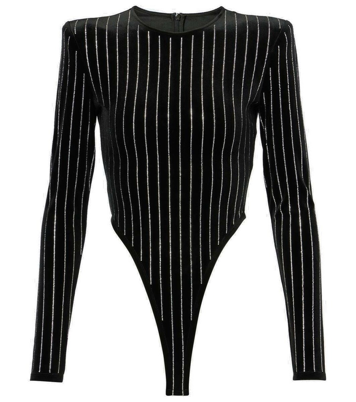 Photo: Alex Perry Crystal-embellished pinstripe velvet bodysuit