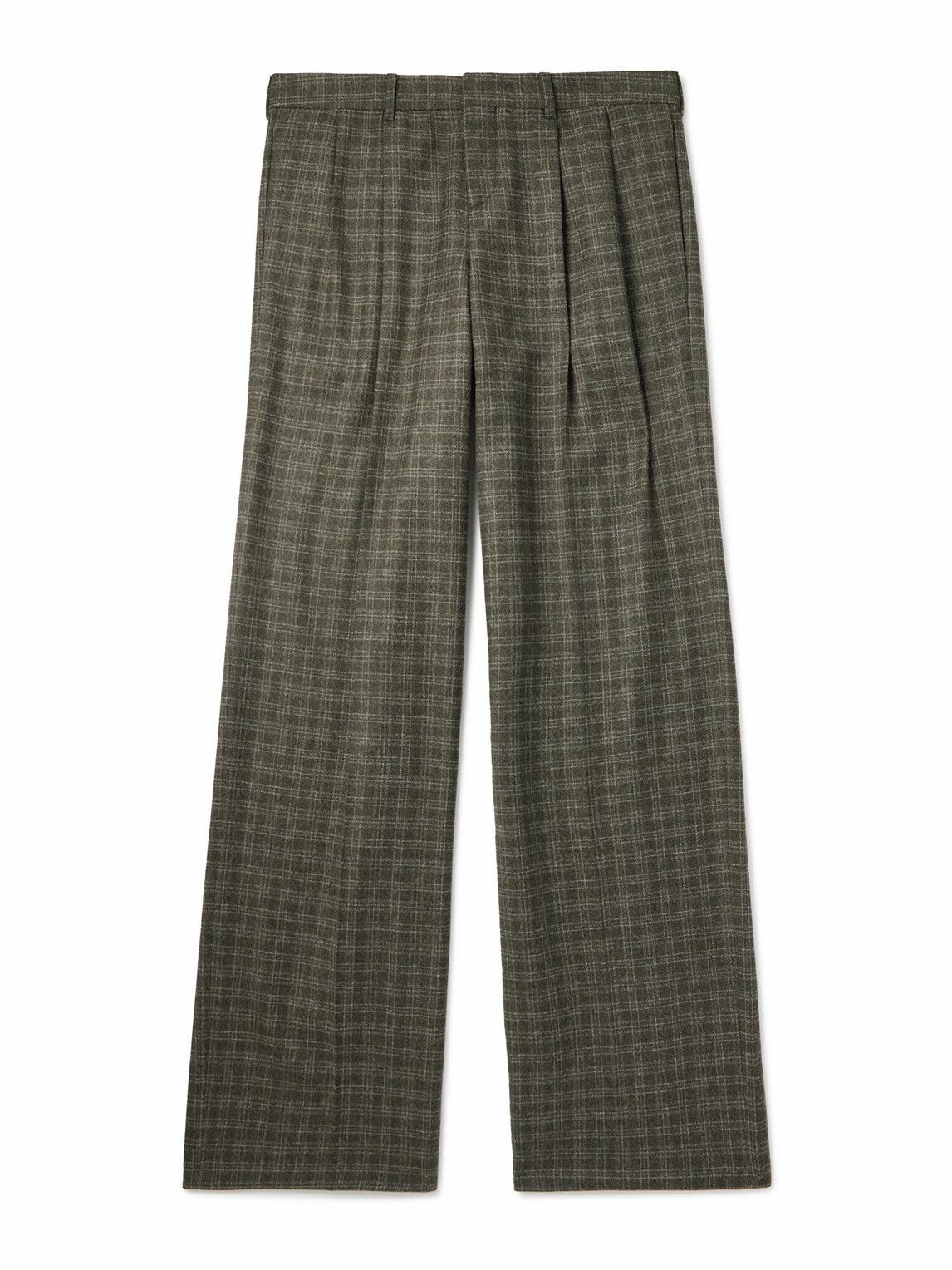 CELINE - Wide-Leg Pleated Checked Wool Trousers - Green