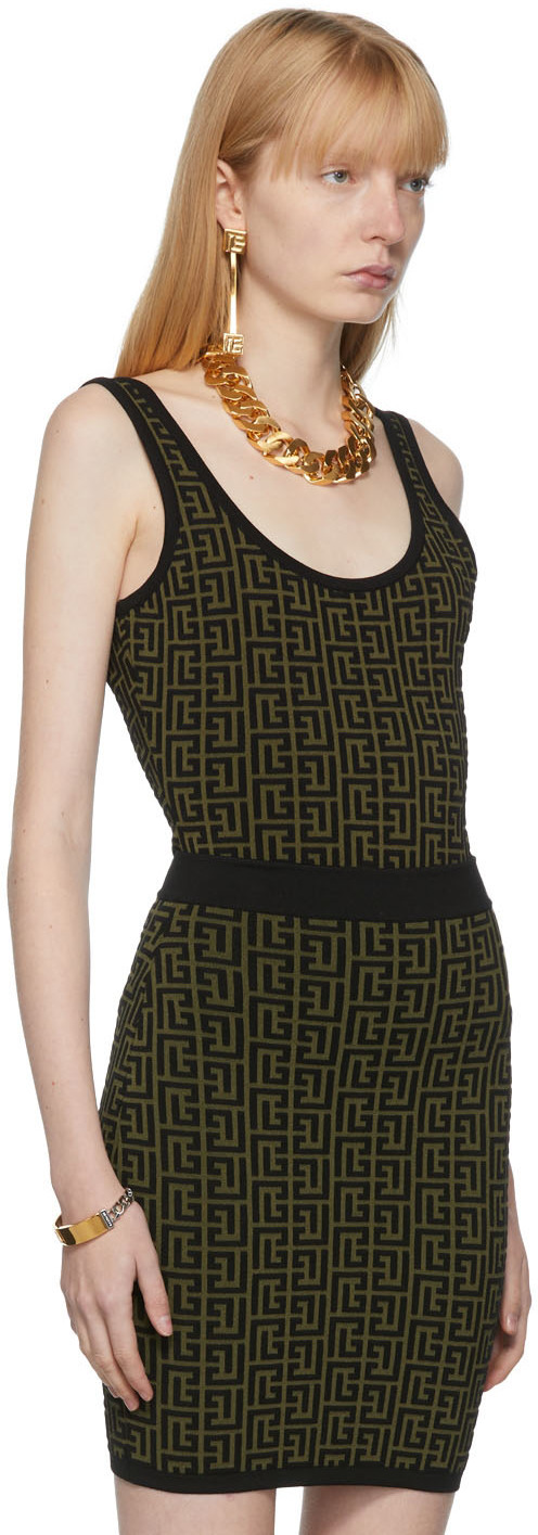 Balmain Khaki & Black Jacquard Monogram Bodysuit