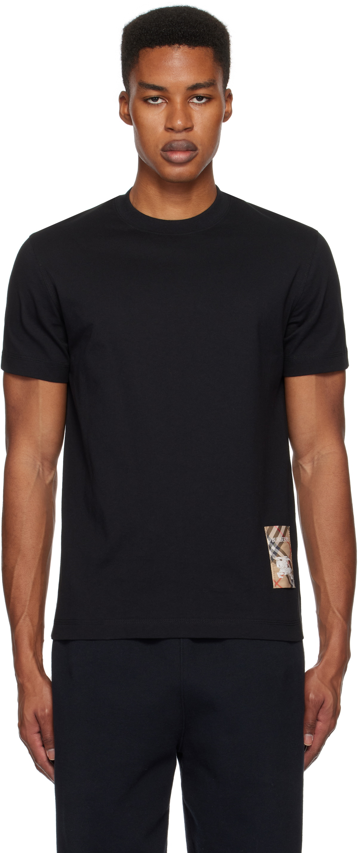 Tシャツ・カットソー BURBERRY BLACK COTTON T-SHIRT WITH CHECK FINISHES Burberry - Black Cotton T-Shirt with Check Taped Trim