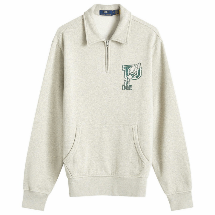 Photo: Polo Ralph Lauren Men's College Logo Half Zip Sweatshirt in Light Vintage Heather