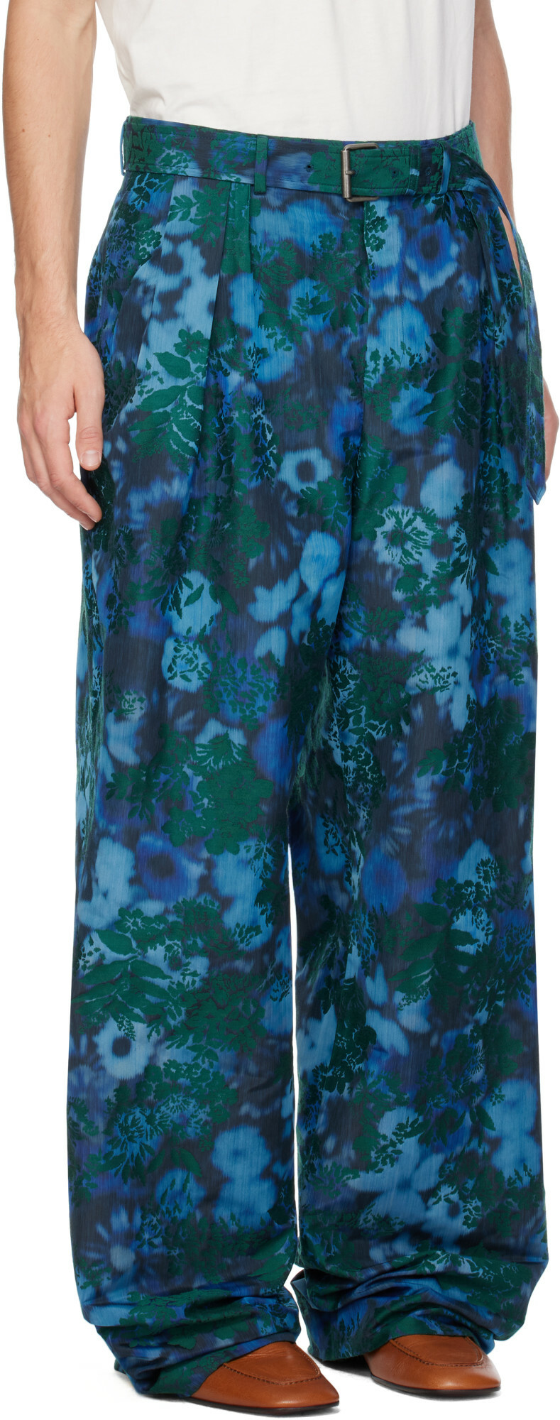 Dries Van Noten Blue Belted Jacquard Trousers