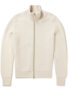 TOM FORD - Leather-Trimmed Ribbed Wool and Cashmere-Blend Zip-Up Cardigan - Neutrals